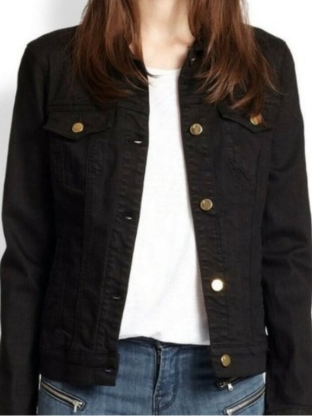 J Brand “Harlow” Dark Gothic Black Denim Jacket with Gold Buttons - Picture 3 of 16